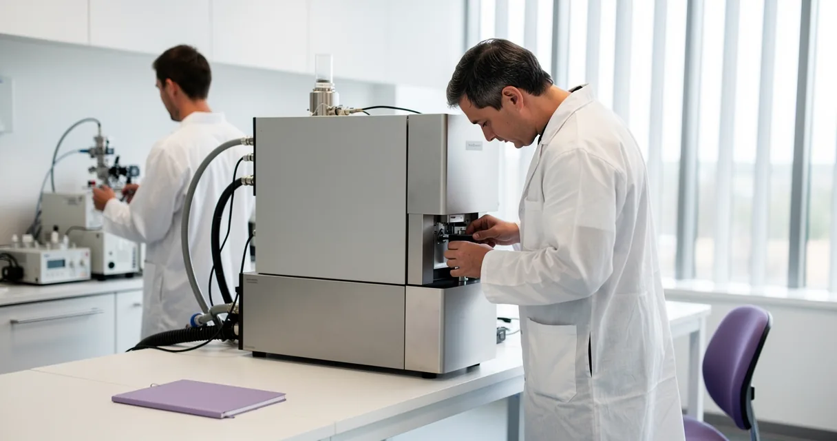 Two technicians examining an analytical instrument at a bright laboratory bench