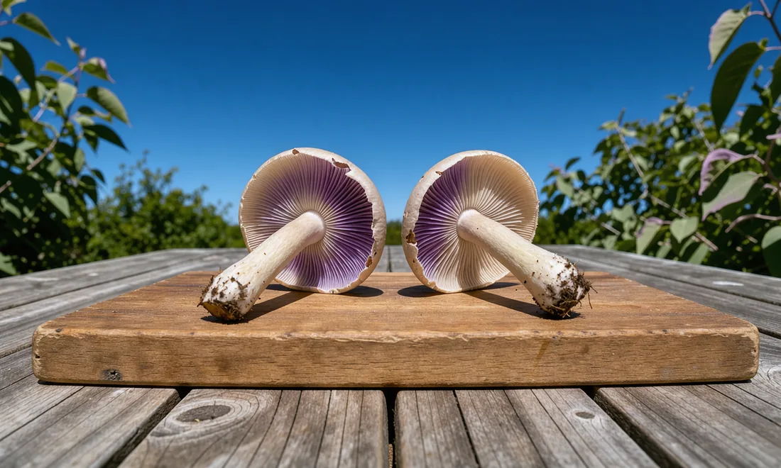 Two look-alike wild mushrooms lie side by side on a sunlit wooden board.