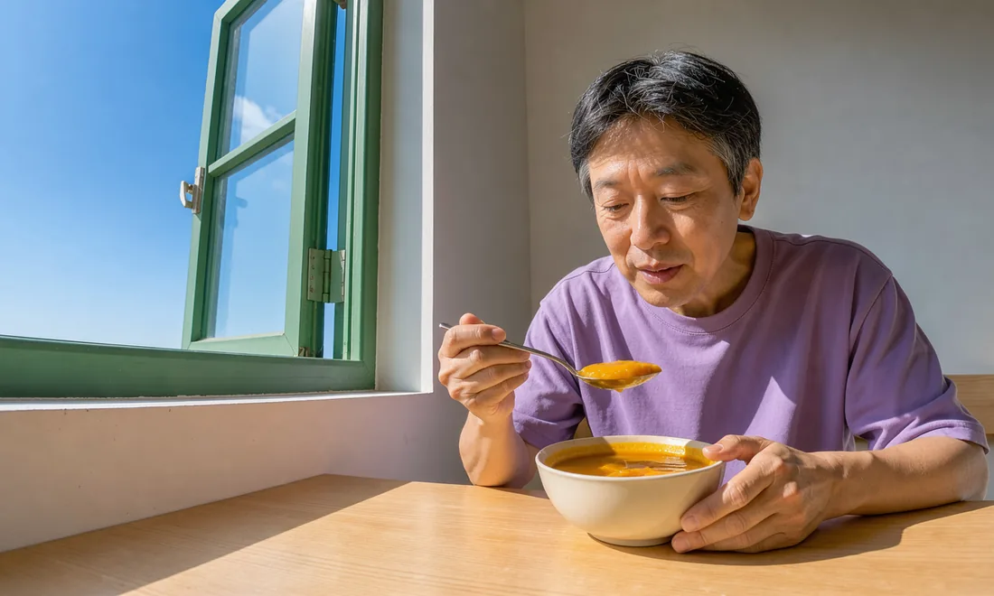 An adult lifts a spoonful of pumpkin soup toward their mouth in a sunny breakfast alcove.
