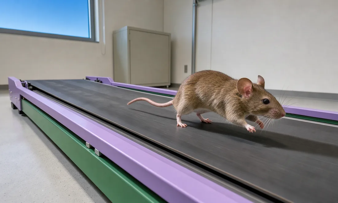 A brown mouse runs uphill on a plain exercise belt in a sunlit animal-behaviour room.