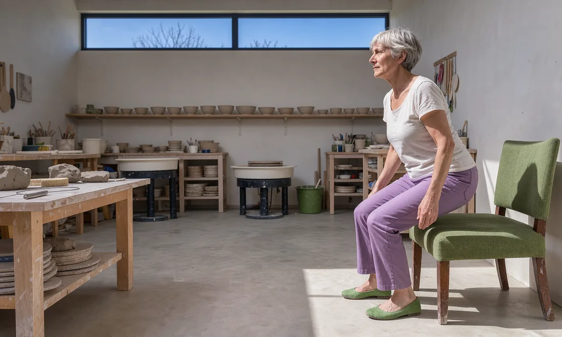 A woman in her sixties rises from a low seat in a bright pottery studio.